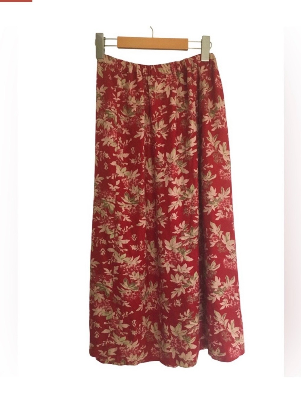 Vintage Red Skirt April Cornell Midi Leaf Print Buttons Elastic Waist M - Picture 2 of 8